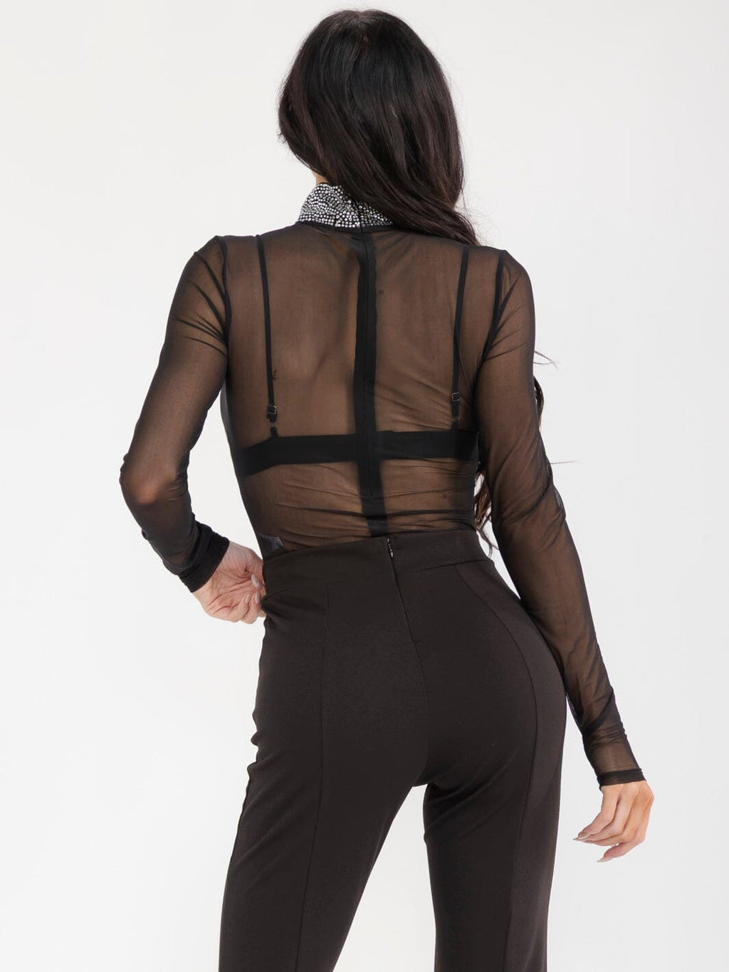 WOMEN'S LONG SLEEVE MOCK NECK RHIMESTONE MESH BODYSUIT & BRALETTE