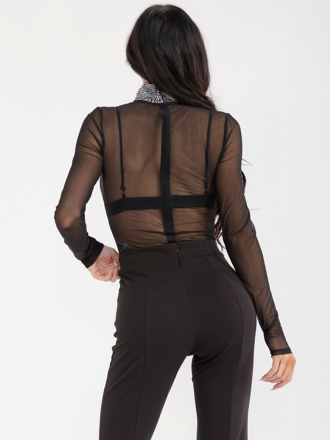 WOMEN'S LONG SLEEVE MOCK NECK RHIMESTONE MESH BODYSUIT & BRALETTE