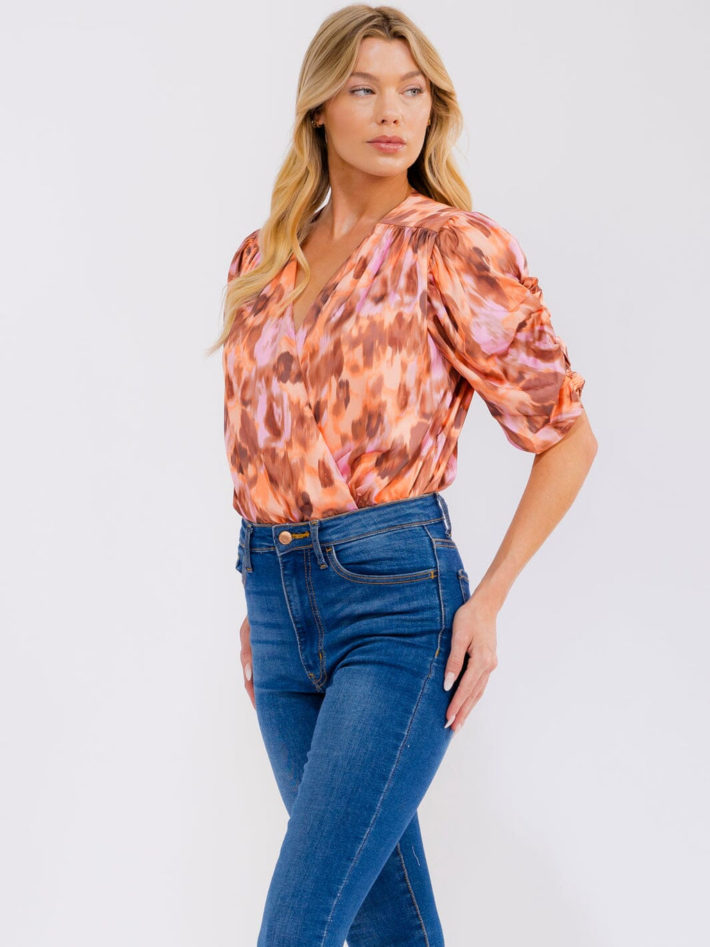 WOMEN'S SHORT RUCHED SLEEVE SURPLICE MULTI PRINT BODYSUIT