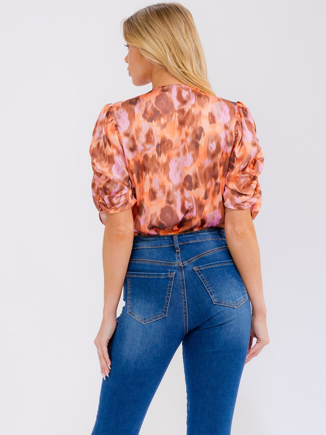 WOMEN'S SHORT RUCHED SLEEVE SURPLICE MULTI PRINT BODYSUIT