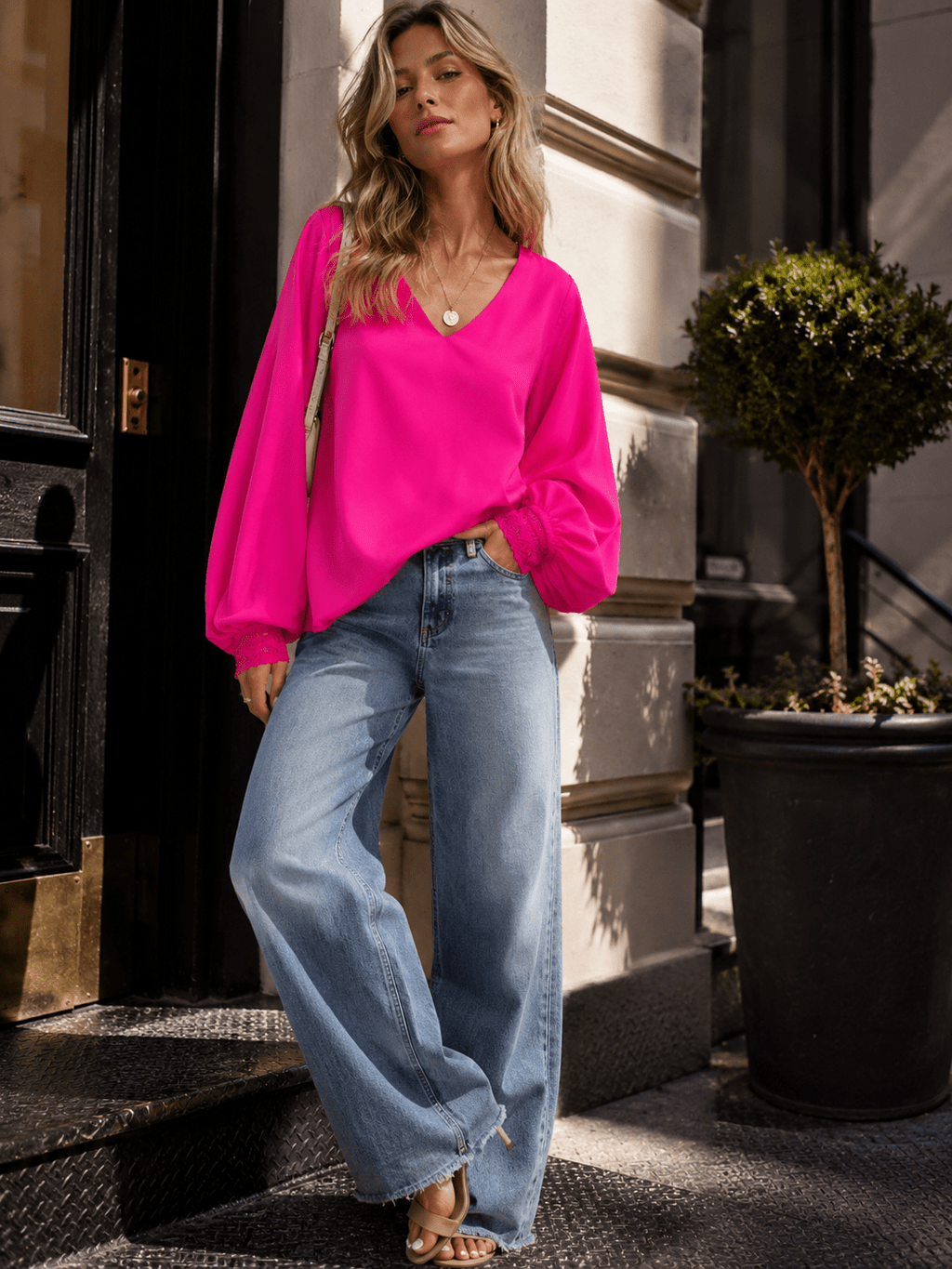WOMEN'S LONG SLEEVE V-NECK CROCHET DETAILED LOOSE FIT BLOUSE