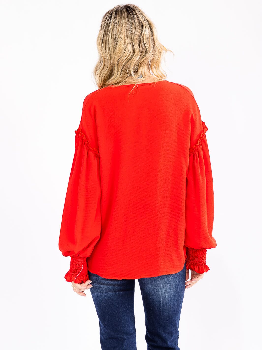 WOMEN'S LONG SLEEVE V-NECK CROCHET DETAILED LOOSE FIT BLOUSE