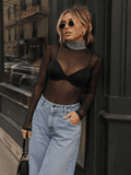 WOMEN'S LONG SLEEVE MOCK NECK RHIMESTONE MESH BODYSUIT & BRALETTE
