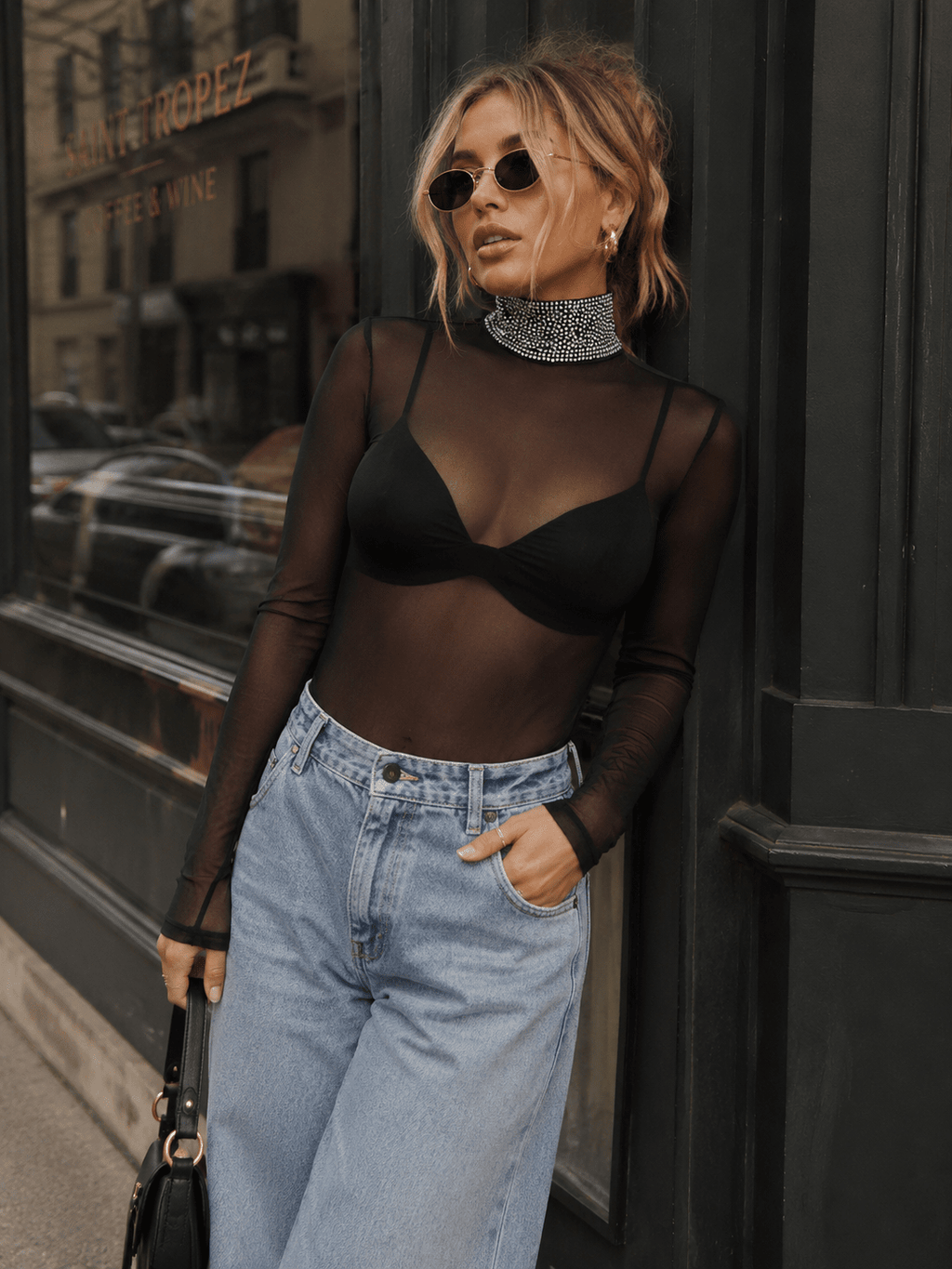 WOMEN'S LONG SLEEVE MOCK NECK RHIMESTONE MESH BODYSUIT & BRALETTE
